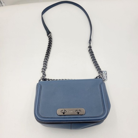 Coach Swagger Large Glove Leather Shoulder Bag DK/ Blue 54640 Chain Strap - Picture 2 of 12